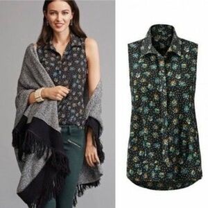 Cabi Whimsy Floral Button Navy Down Blouse Small S